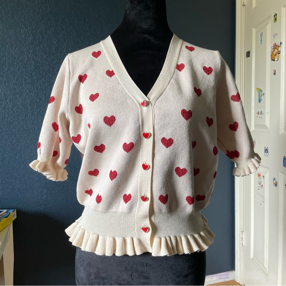 Cream Cardigan with Red Heart Pattern